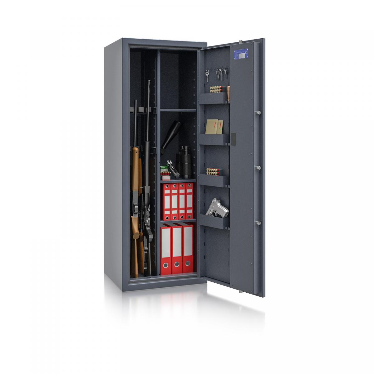 Waffenschrank Luzern WF MAX Kombi 2 - 1500x550x450 / 195kg 55631 / Klasse 0 / RAL7024 / Elektr. Basic / DIN R / mit Trennw.