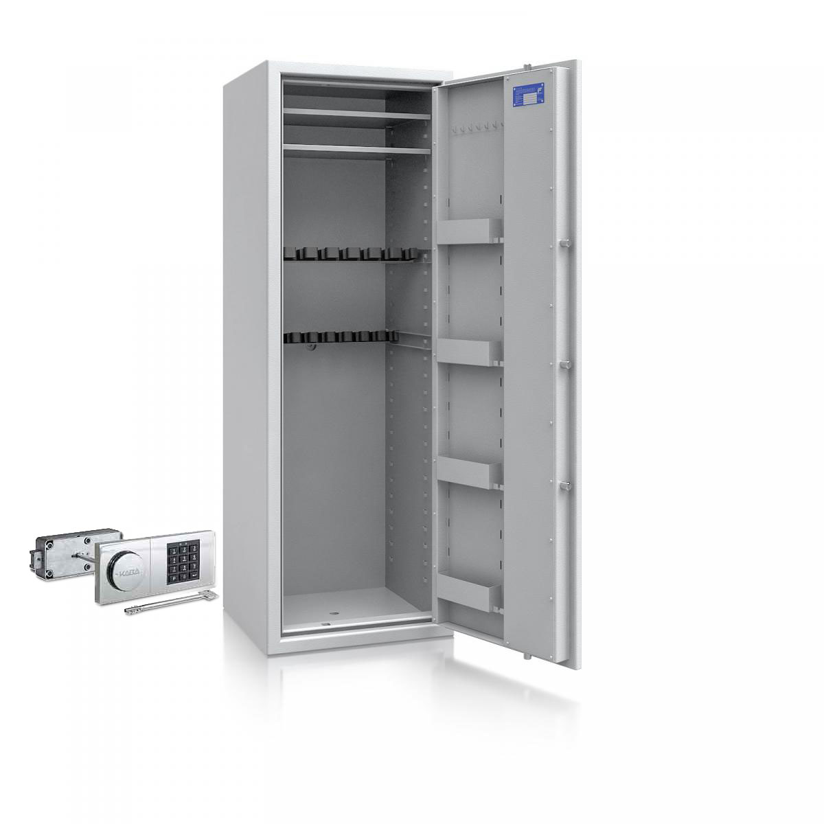 Waffenschrank Luzern WF MAX 2 - 1600x550x500 / 207kg 55632 / Klasse 0 / RAL7035 / Elektr. B90_Rev. / DIN R / ohne Trennw.
