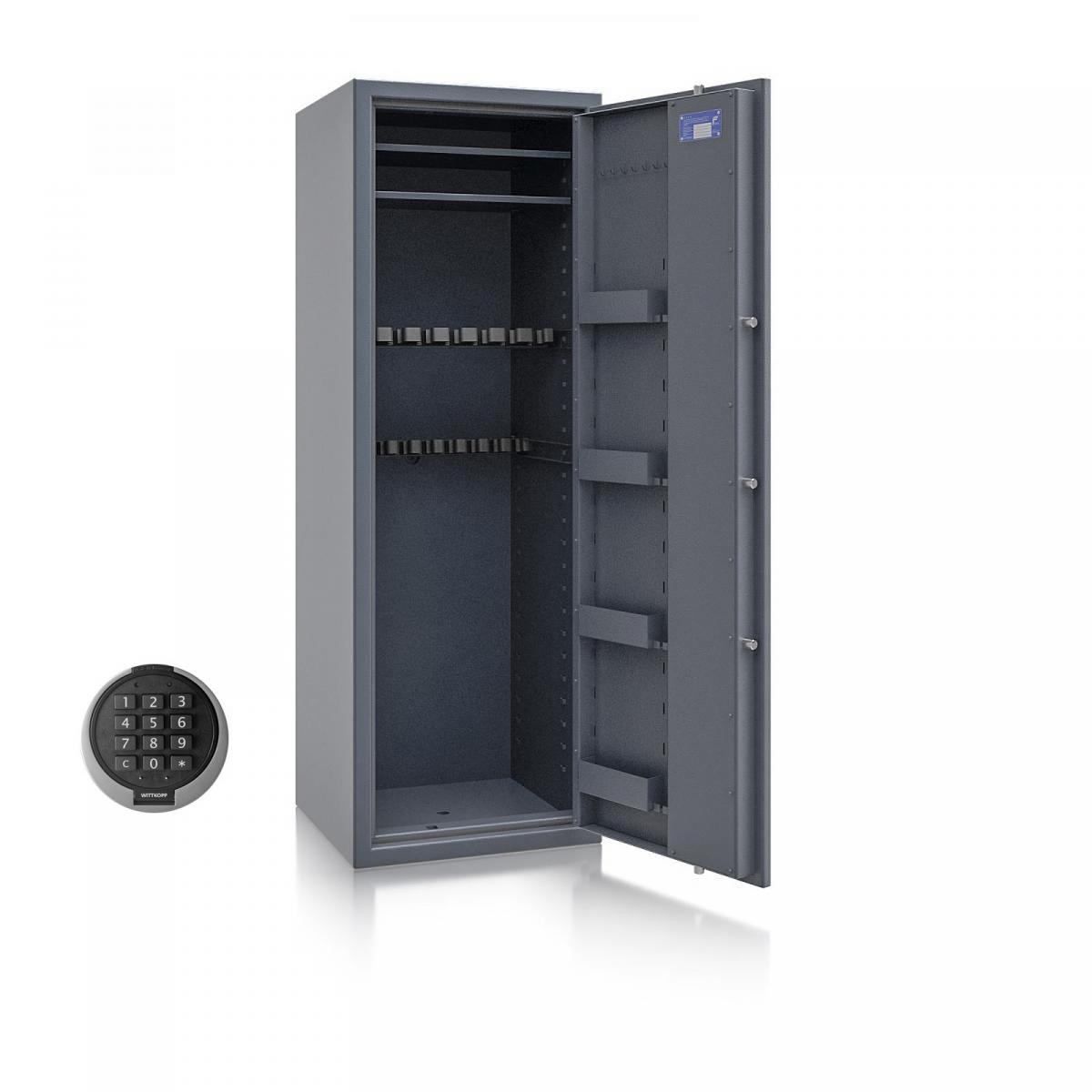 Waffenschrank Luzern WF MAX 2 - 1600x550x500 / 207kg 55632 / Klasse 0 / RAL7024 / PRIMOR 3000 Elektronik / DIN R / ohne Trennw.