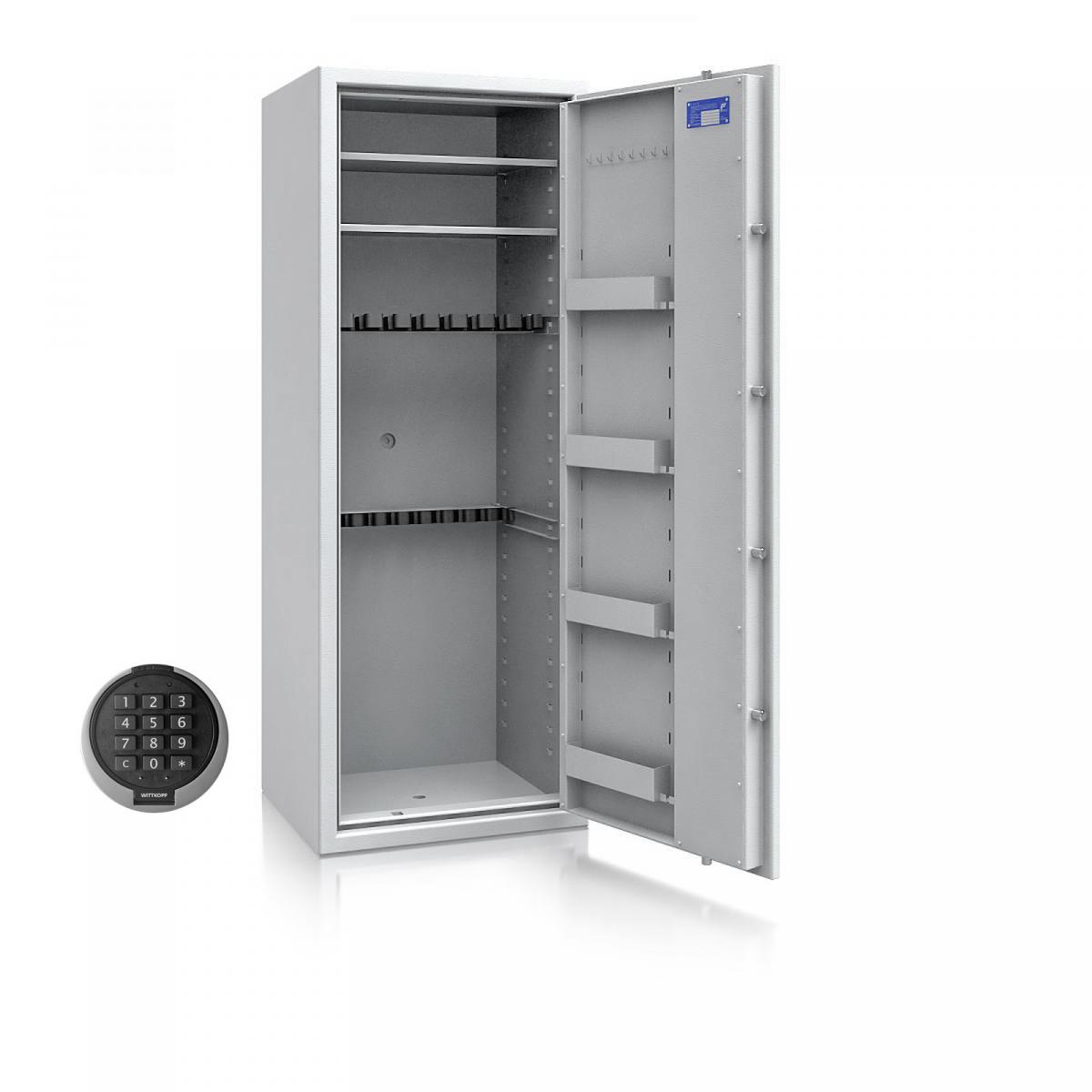 Waffenschrank Luzern WF MAX 3 - 1600x600x500 / 220kg 55633 / Klasse 0 / RAL7035 / PRIMOR 3000 Elektronik / DIN R / ohne Trennw.