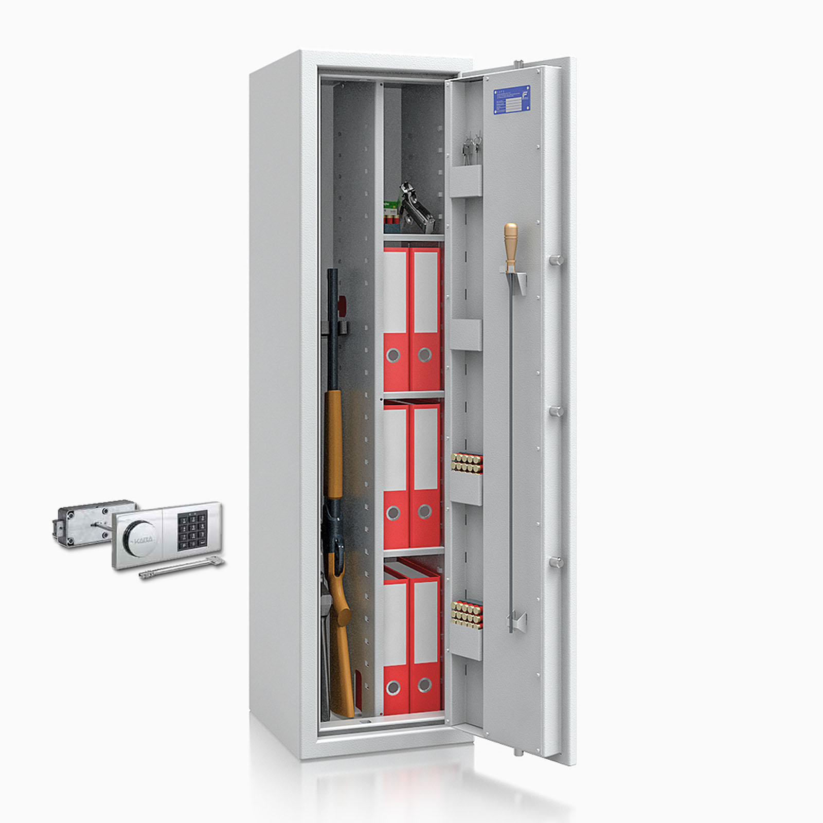 Waffenschrank Luzern WF MAX Kombi 0 - 1500x400x420 / 152kg 55635 / Klasse 0 / RAL7035 / Elektr. B90_Rev.(B90) / DIN R / mit Trennw.