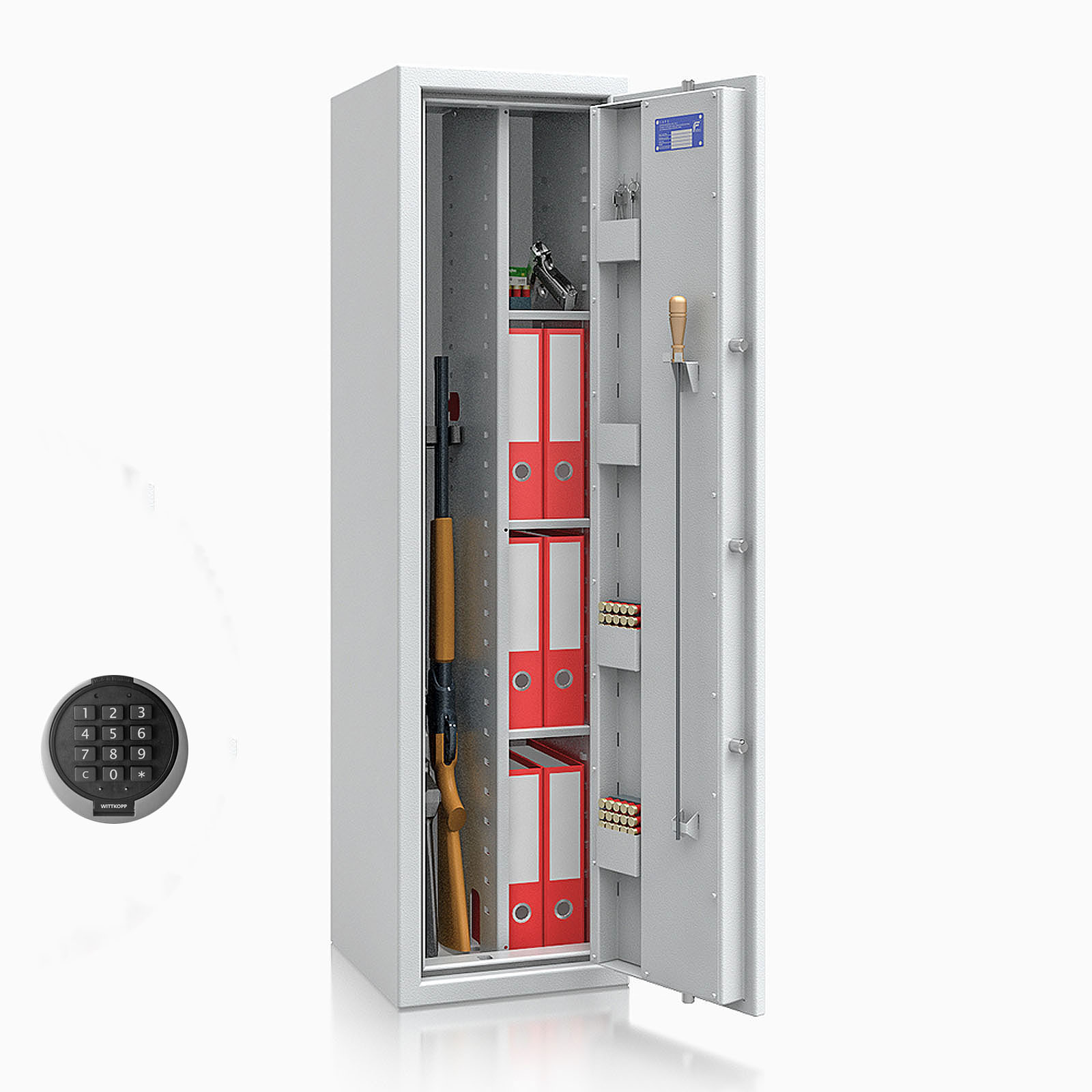 Waffenschrank Luzern WF MAX Kombi 0 - 1500x400x420 / 152kg 55635 / Klasse 0 / RAL7035 / PRIMOR 3000 Elektronik / DIN R / mit Trennw.