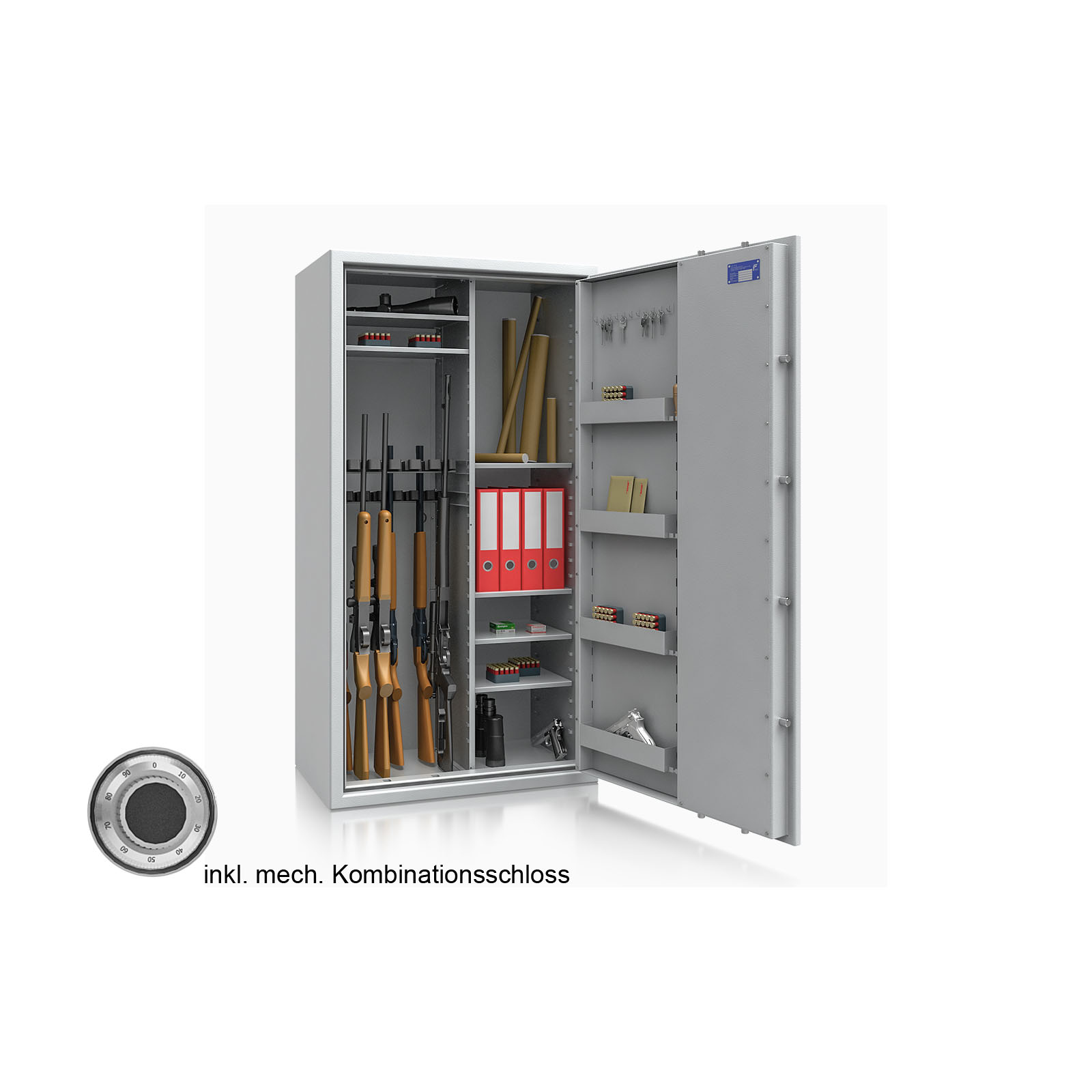 Waffenschrank Luzern WF MAX Kombi 4 - 1600x850x500 / 293kg 55636 / Klasse 0 / RAL7035 / mech.ZK / DIN R / mit Trennw.
