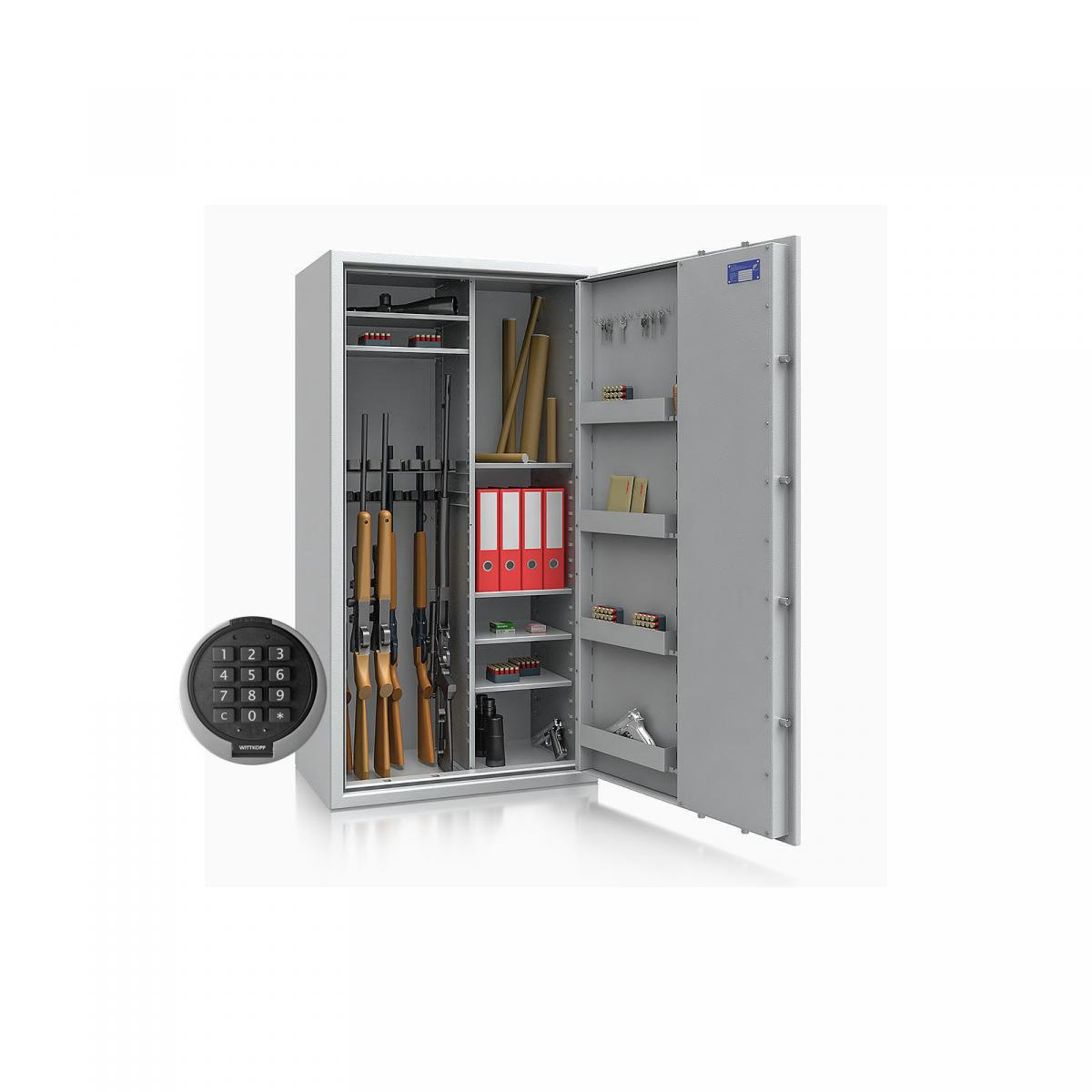 Waffenschrank Luzern WF MAX Kombi 4 - 1600x850x500 / 293kg 55636 / Klasse 0 / RAL7035 / PRIMOR 3000 Elektronik / DIN R / mit Trennw.