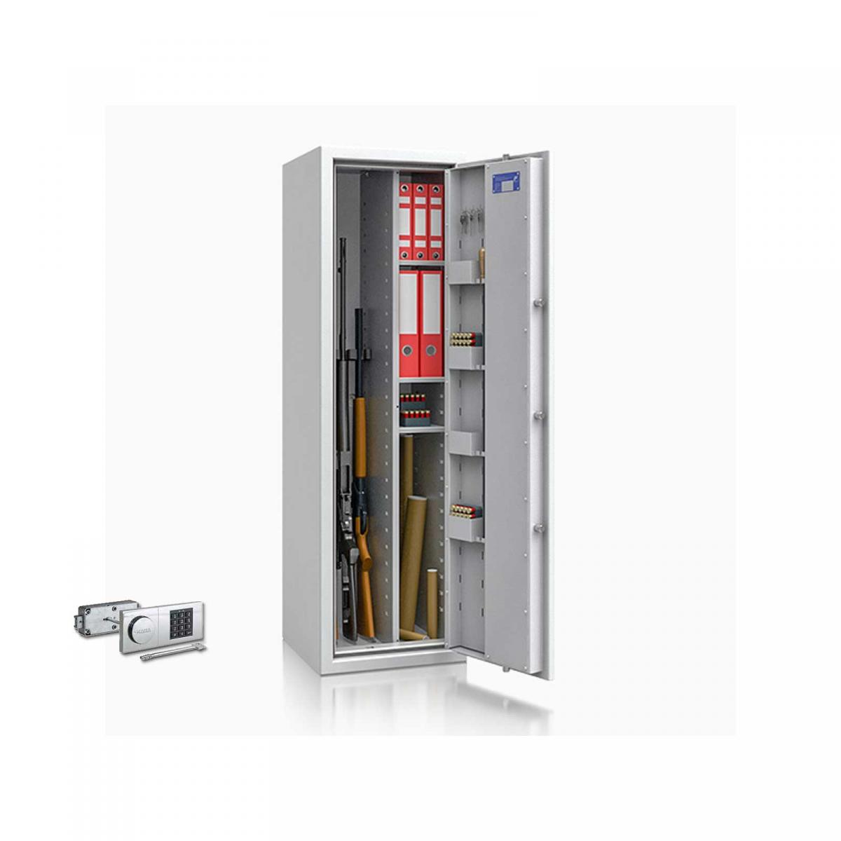 Waffenschrank Luzern WF MAX Kombi 1 - 1500x450x450 / 167kg 55649 / Klasse 0 / RAL7035 / Elektr. B90_Rev.(B90) / DIN R / mit Trennw.