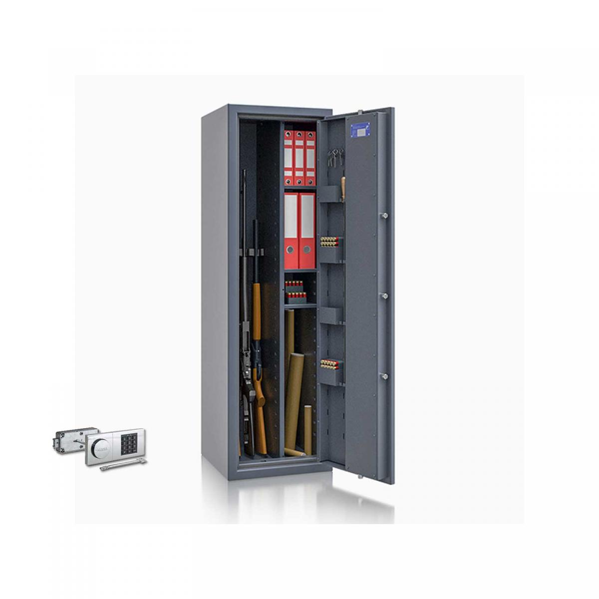 Waffenschrank Luzern WF MAX Kombi 1 - 1500x450x450 / 167kg 55649 / Klasse 0 / RAL7024 / Elektr. B90_Rev.(B90) / DIN R / mit Trennw.