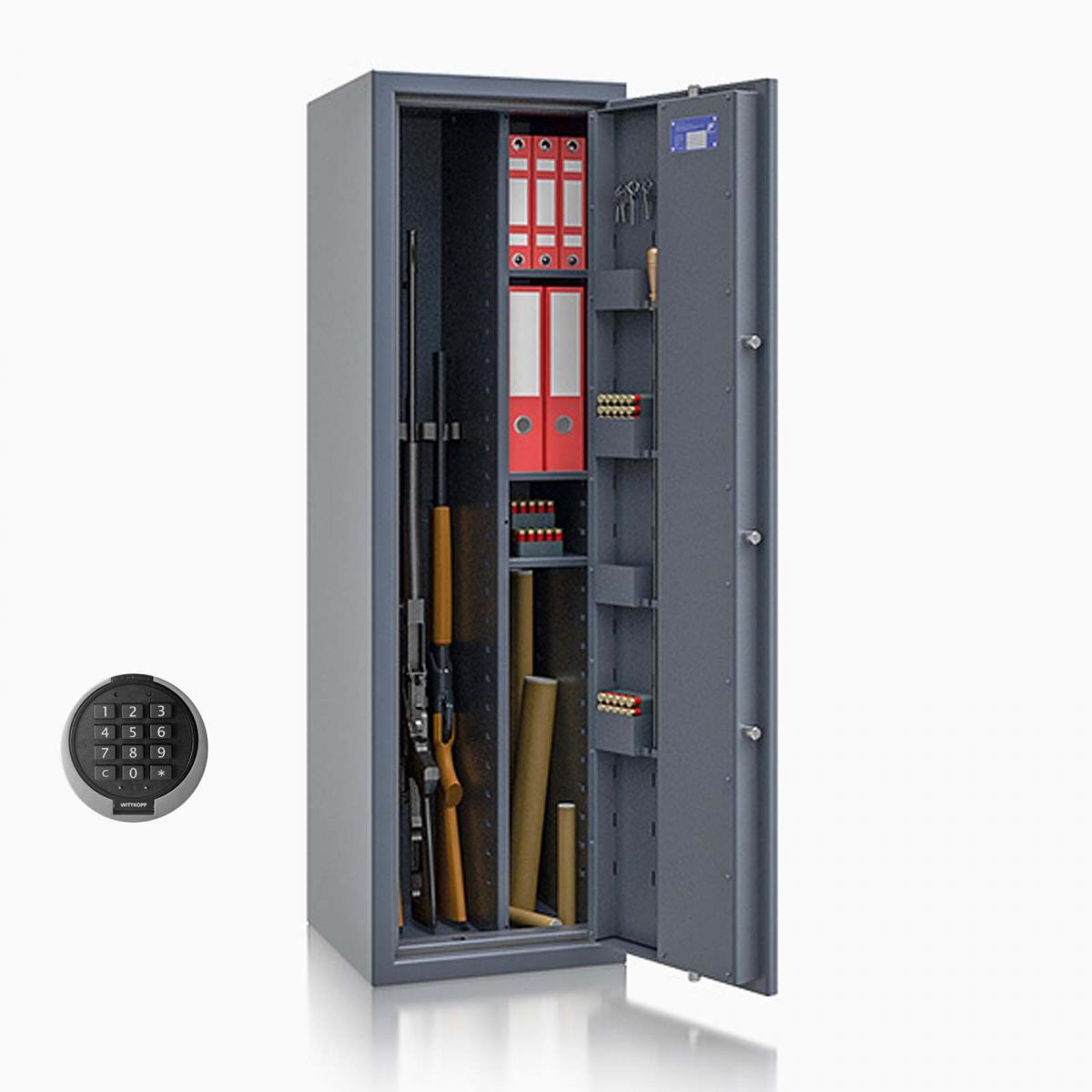 Waffenschrank Luzern WF MAX Kombi 1 - 1500x450x450 / 167kg 55649 / Klasse 0 / RAL7024 / PRIMOR 3000 Elektronik / DIN R / mit Trennw.
