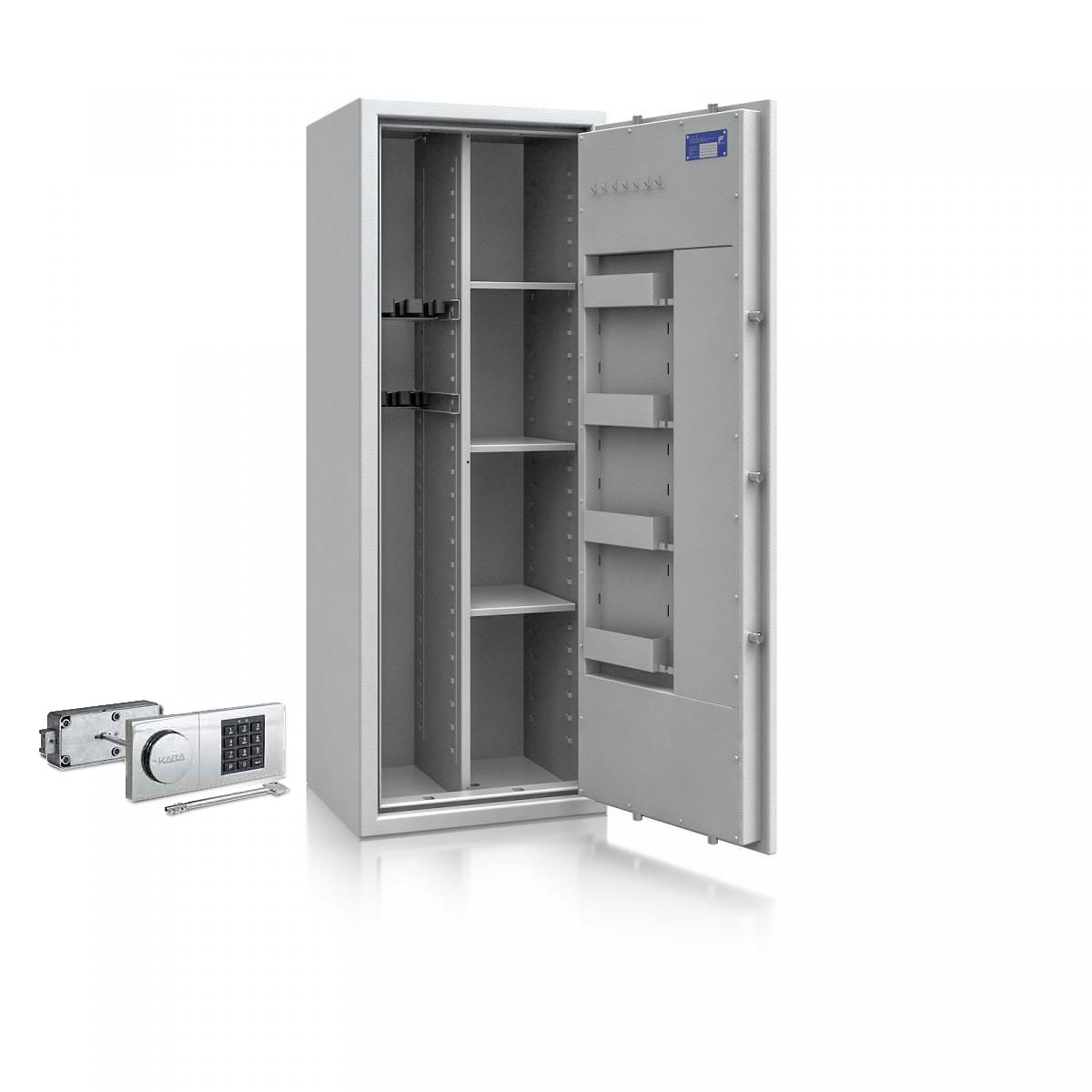 Waffenschrank St. Gallen WF MAX Kombi 2 - 1500x550x450 / 199kg 56466 / Klasse I / RAL7035 / B90 Elektr.+Notschloss / DIN R / Trennw.