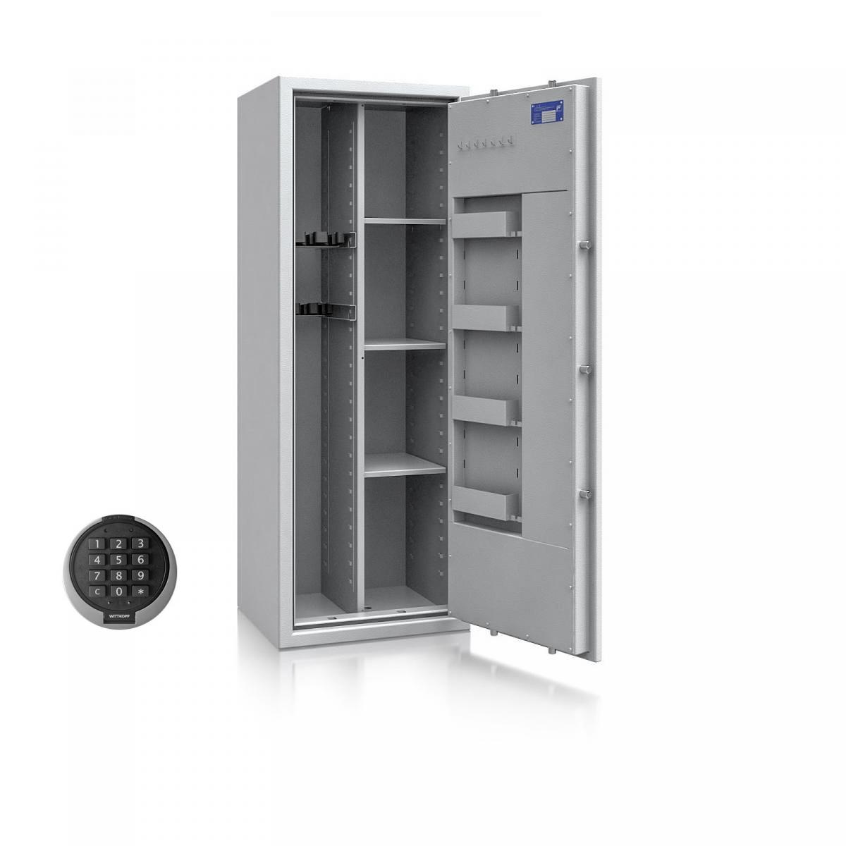 Waffenschrank St. Gallen WF MAX Kombi 2 - 1500x550x450 / 199kg 56466 / Klasse I / RAL7035 / PRIMOR 3000 Elektronik / DIN R / Trennw.
