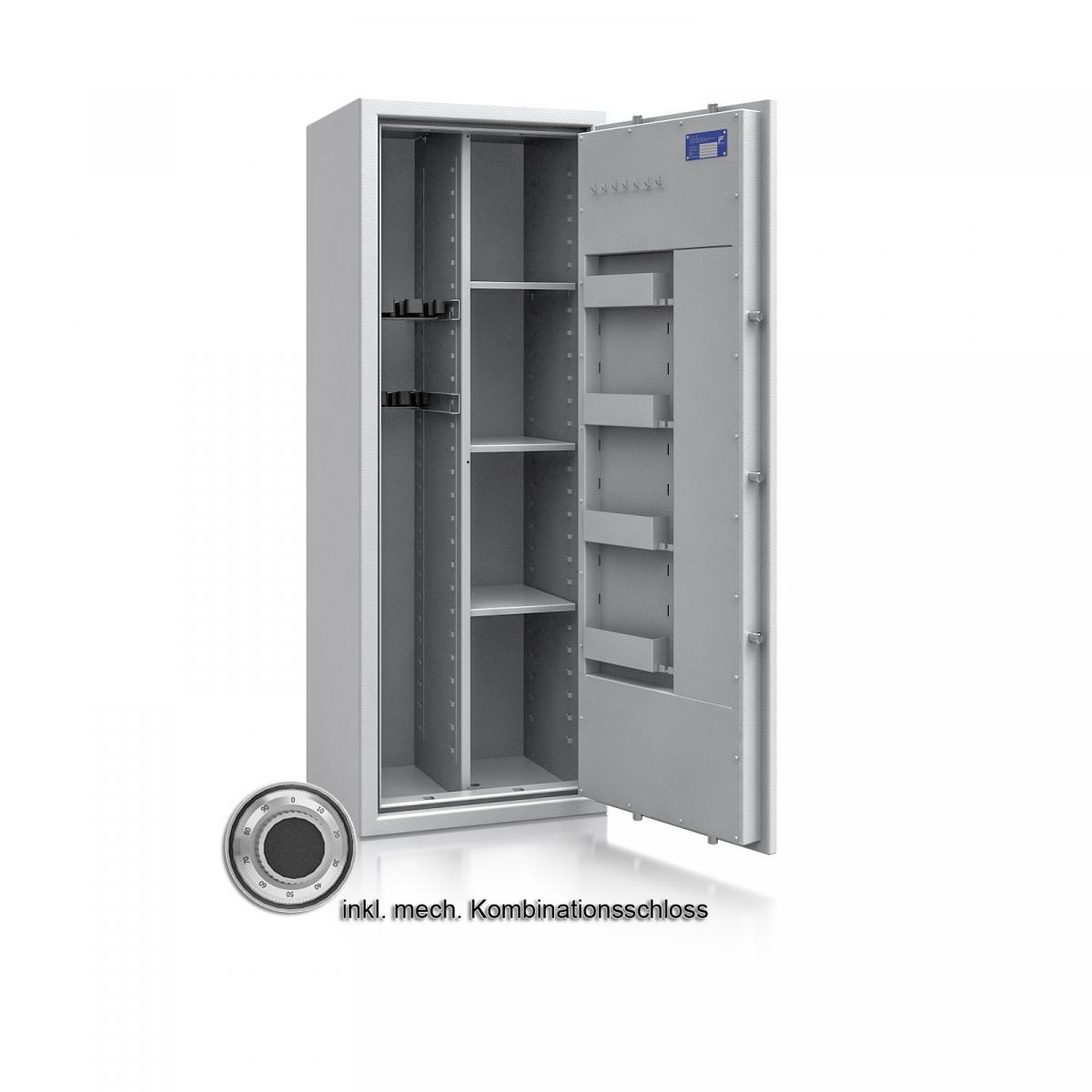 Waffenschrank St. Gallen WF MAX Kombi 2 - 1500x550x450 / 199kg 56466 / Klasse I / RAL7035 / mech.ZK / DIN R / mit Trennw.