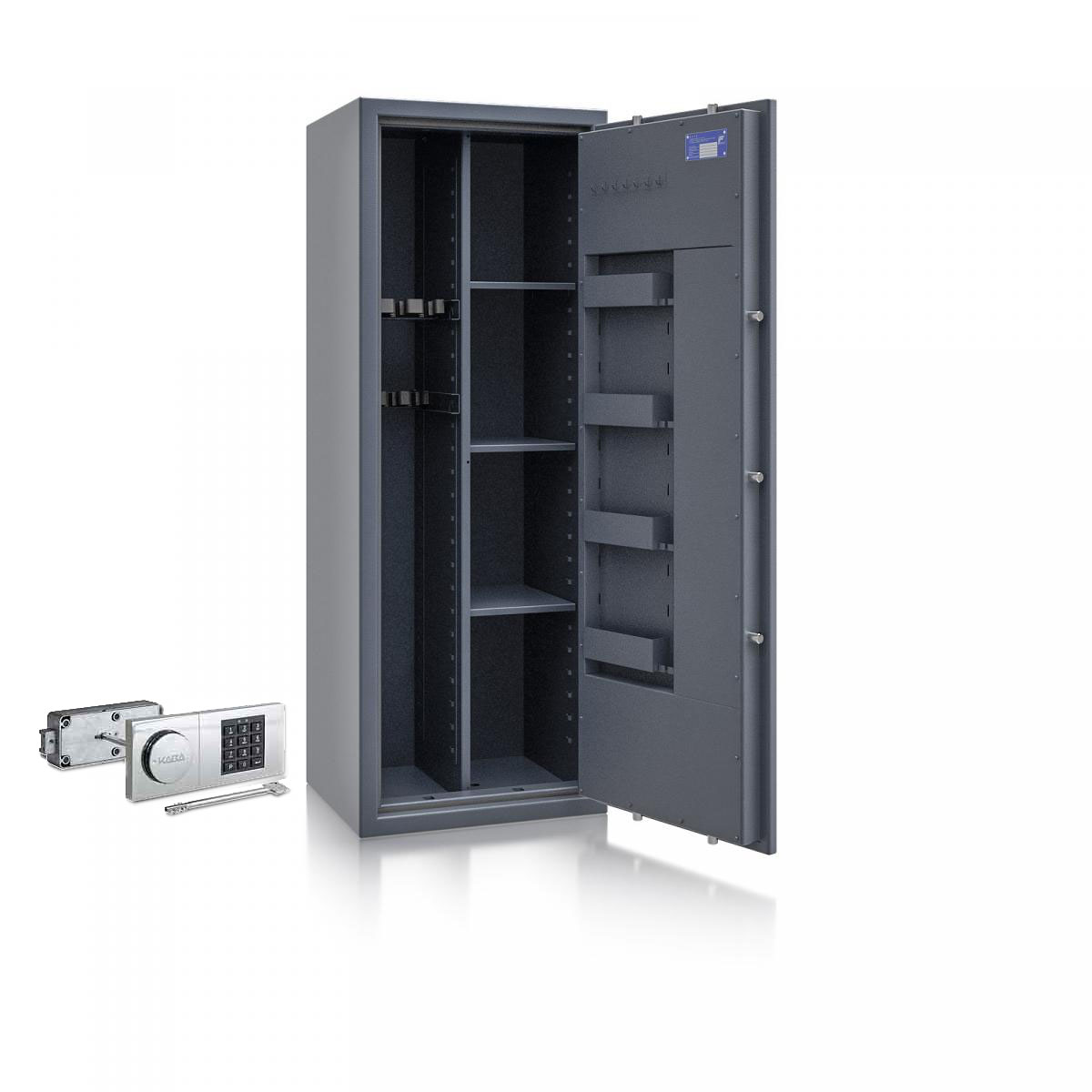 Waffenschrank St. Gallen WF MAX Kombi 2 - 1500x550x450 / 199kg 56466 / Klasse I / RAL7024 / B90 Elektr.+Notschloss / DIN R / Trennw.