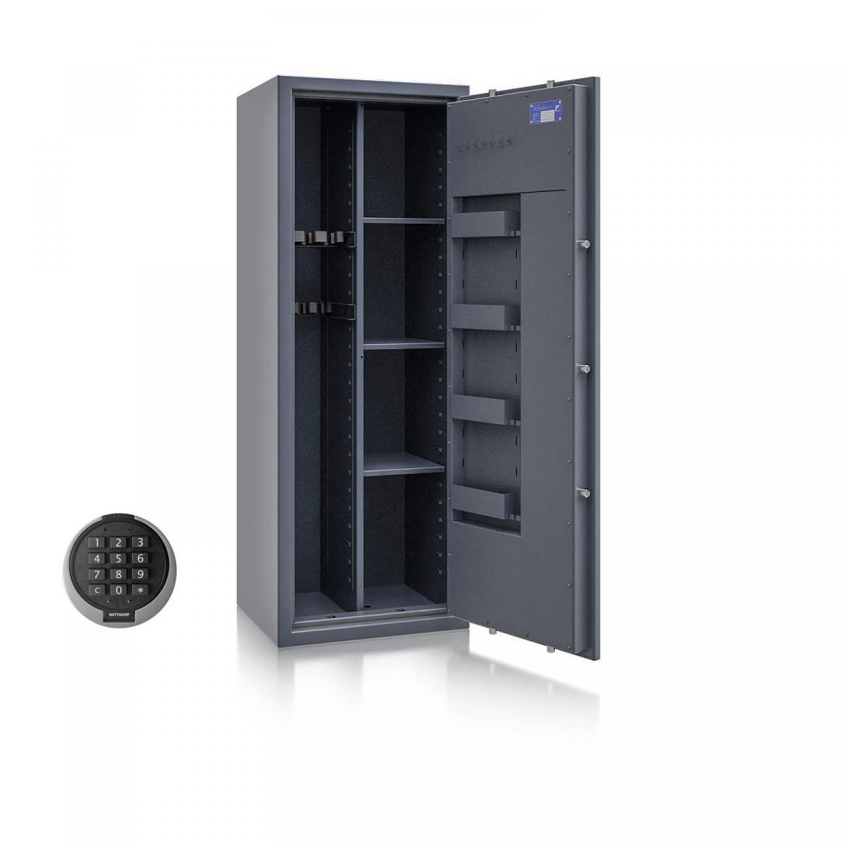 Waffenschrank St. Gallen WF MAX Kombi 2 - 1500x550x450 / 199kg 56466 / Klasse I / RAL7024 / PRIMOR 3000 Elektronik / DIN R / Trennw.