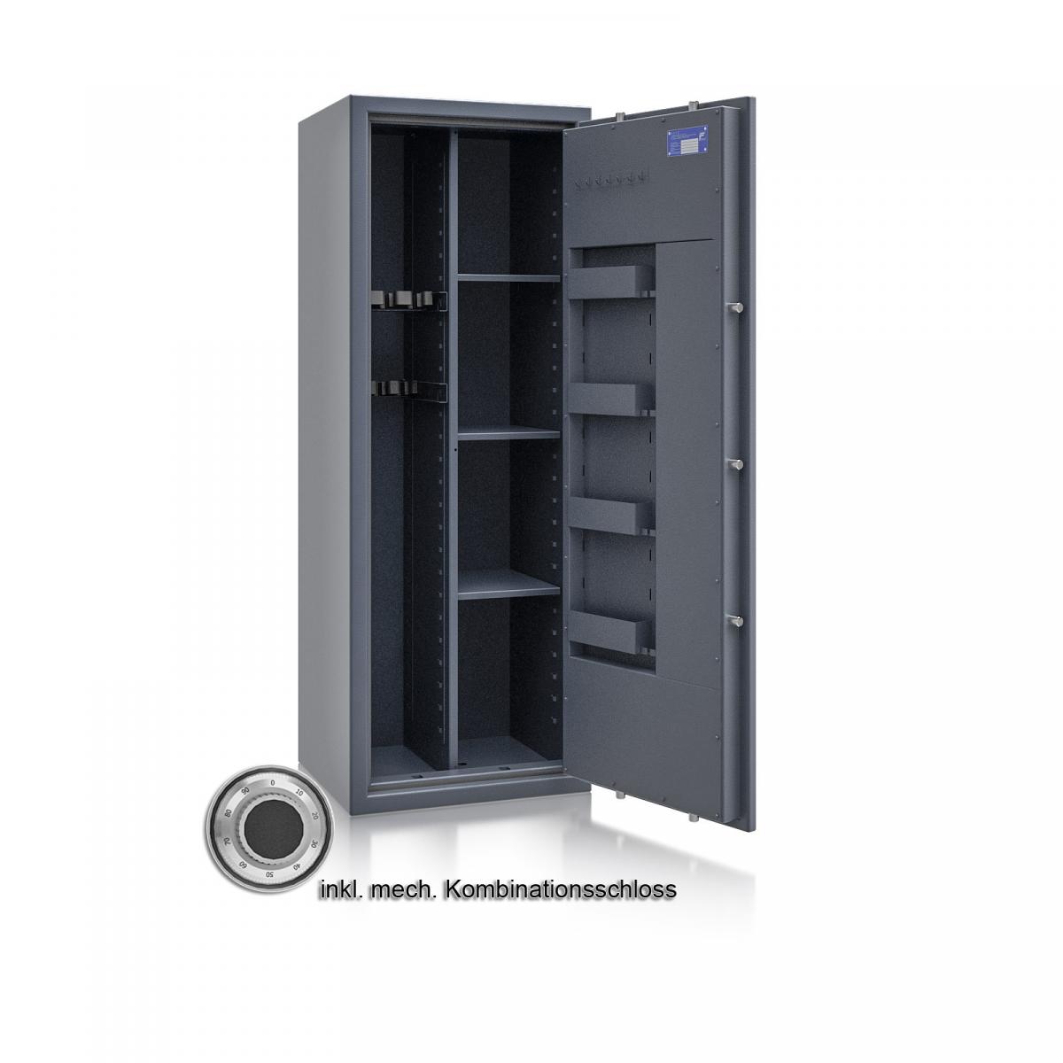 Waffenschrank St. Gallen WF MAX Kombi 2 - 1500x550x450 / 199kg 56466 / Klasse I / RAL7024 / mech.ZK / DIN R / mit Trennw.