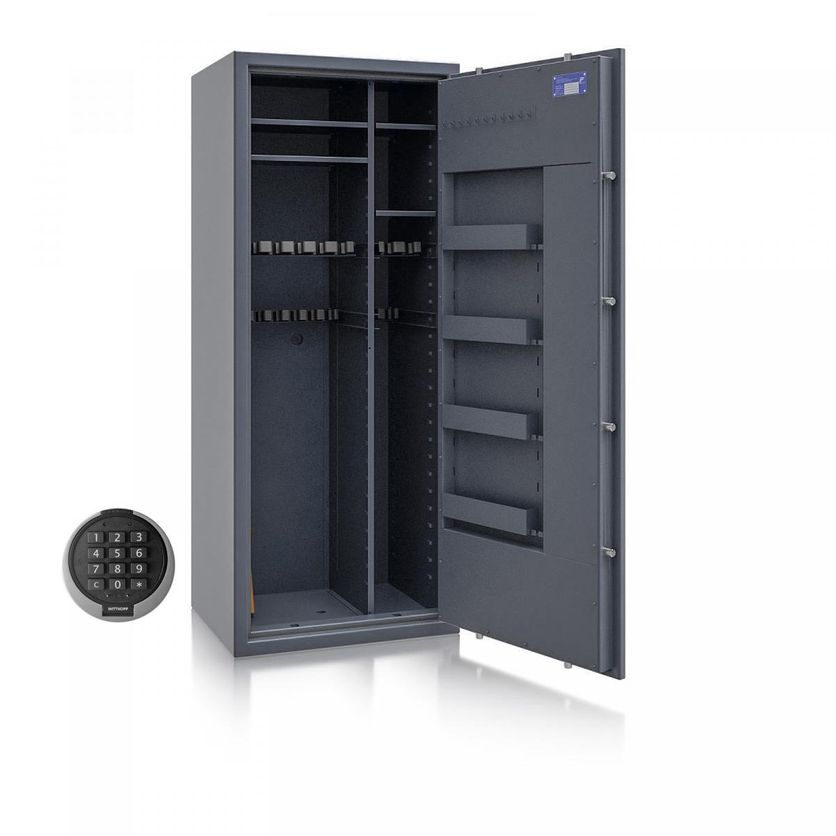 Waffenschrank St. Gallen WF MAX Kombi 3 - 1600x655x500 / 247kg 56469 / Klasse I / RAL7024 / PRIMOR 3000 Elektronik / DIN R / Trennw.
