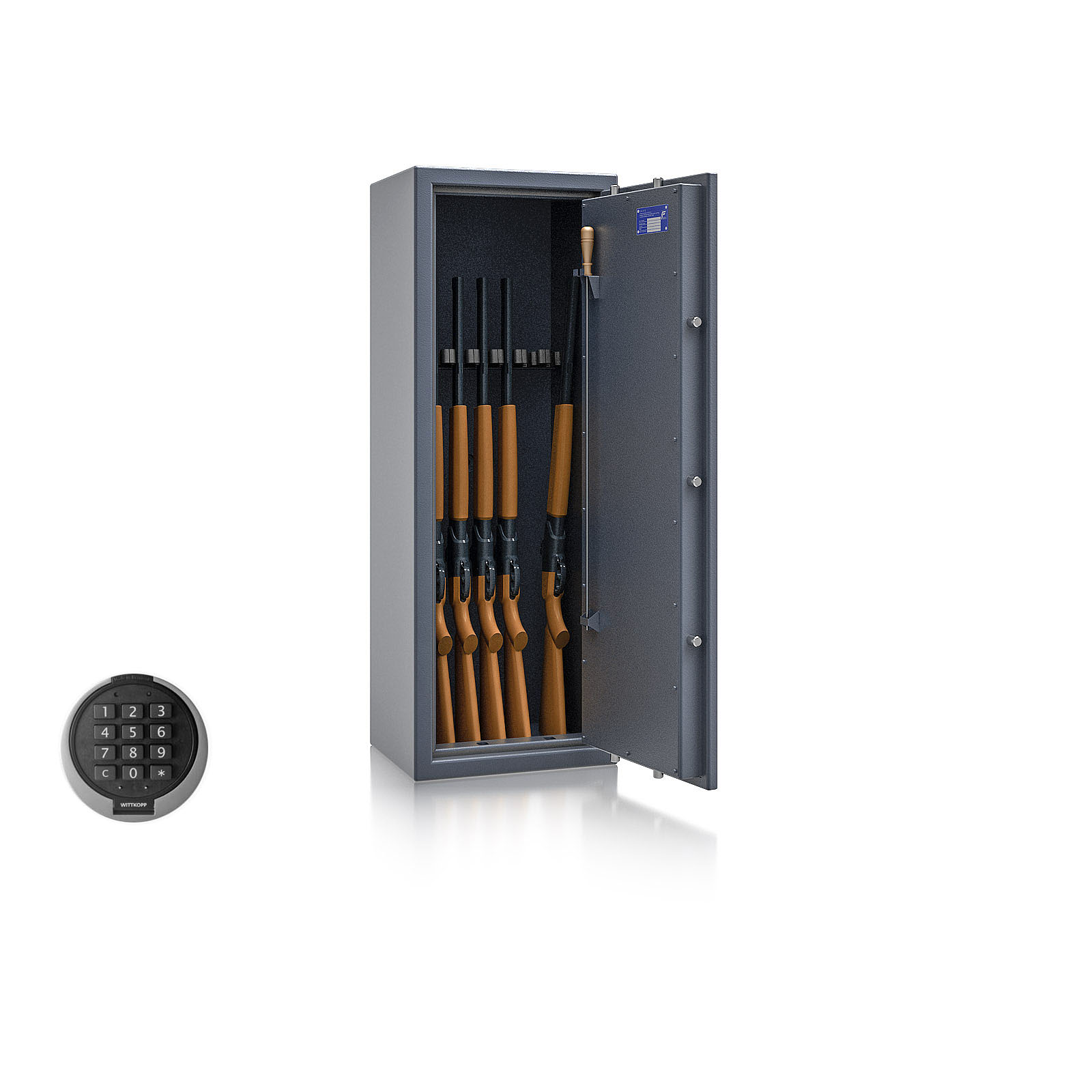 Waffenschrank St. Gallen WF 2 - 1250x450x350 / 109kg 56471 / Klasse I / RAL7024 / PRIMOR 3000 Elektronik / DIN R