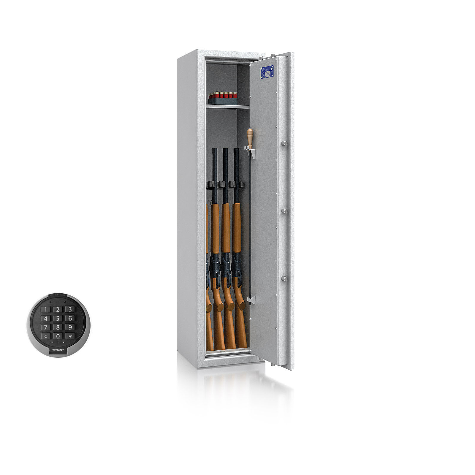 Waffenschrank St. Gallen WF 3 - 1500x350x350 / 131kg 56472 / Klasse I / RAL7035 / PRIMOR 3000 Elektronik / DIN R