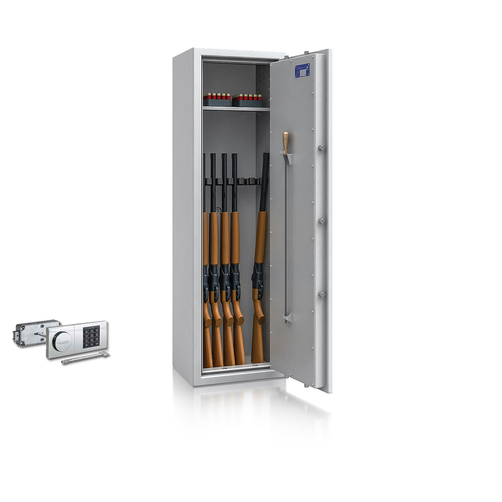 Waffenschrank St. Gallen WF 4 - 1500x450x350 / 150kg 56473 / Klasse I / RAL7035 / Elektr. B90_Rev. / DIN R