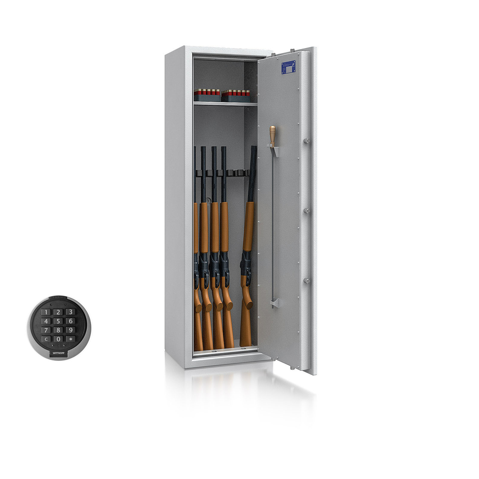 Waffenschrank St. Gallen WF 4 - 1500x450x350 / 150kg 56473 / Klasse I / RAL7035 / PRIMOR 3000 Elektronik / DIN R