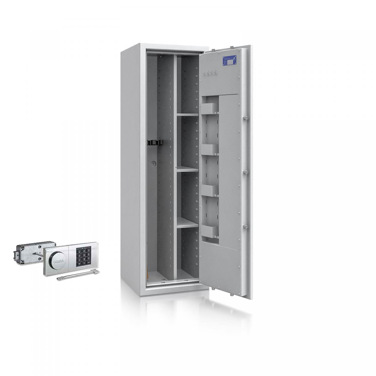 Waffenschrank St. Gallen WF MAX Kombi 1 - 1500x450x450 / 172kg 56474 / Klasse I / RAL7035 / B90 Elektr.+Notschloss / DIN R / Trennw.