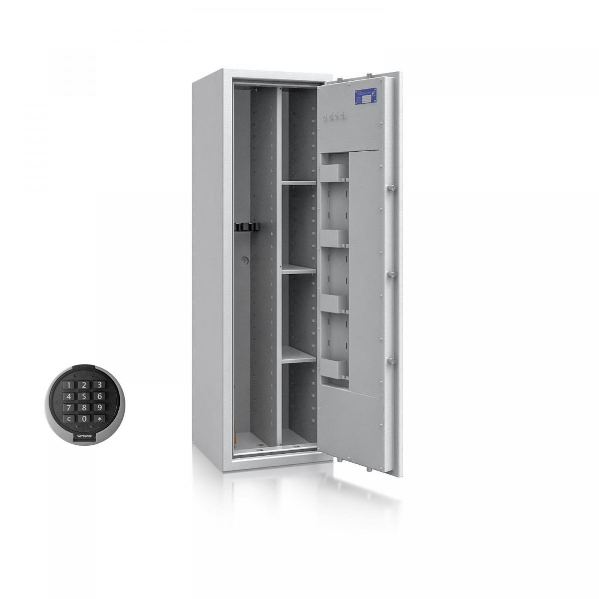 Waffenschrank St. Gallen WF MAX Kombi 1 - 1500x450x450 / 172kg 56474 / Klasse I / RAL7035 / PRIMOR 3000 Elektronik / DIN R / Trennw.