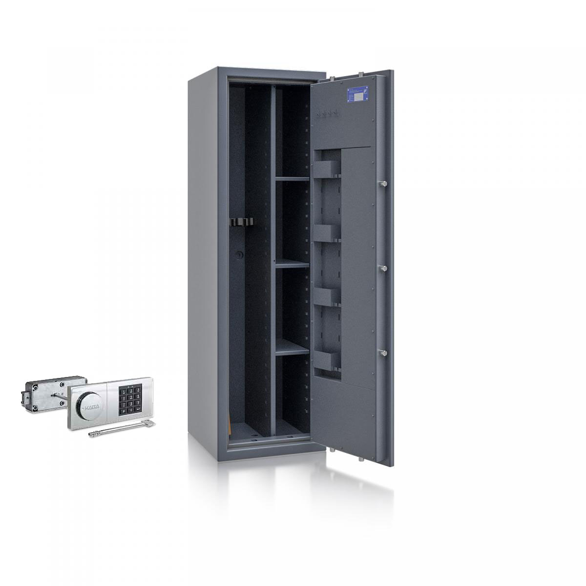 Waffenschrank St. Gallen WF MAX Kombi 1 - 1500x450x450 / 172kg 56474 / Klasse I / RAL7024 / B90 Elektr.+Notschloss / DIN R / Trennw.