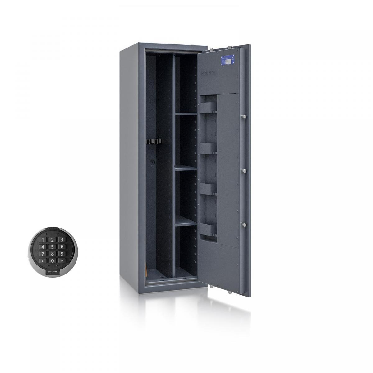 Waffenschrank St. Gallen WF MAX Kombi 1 - 1500x450x450 / 172kg 56474 / Klasse I / RAL7024 / PRIMOR 3000 Elektronik / DIN R / Trennw.