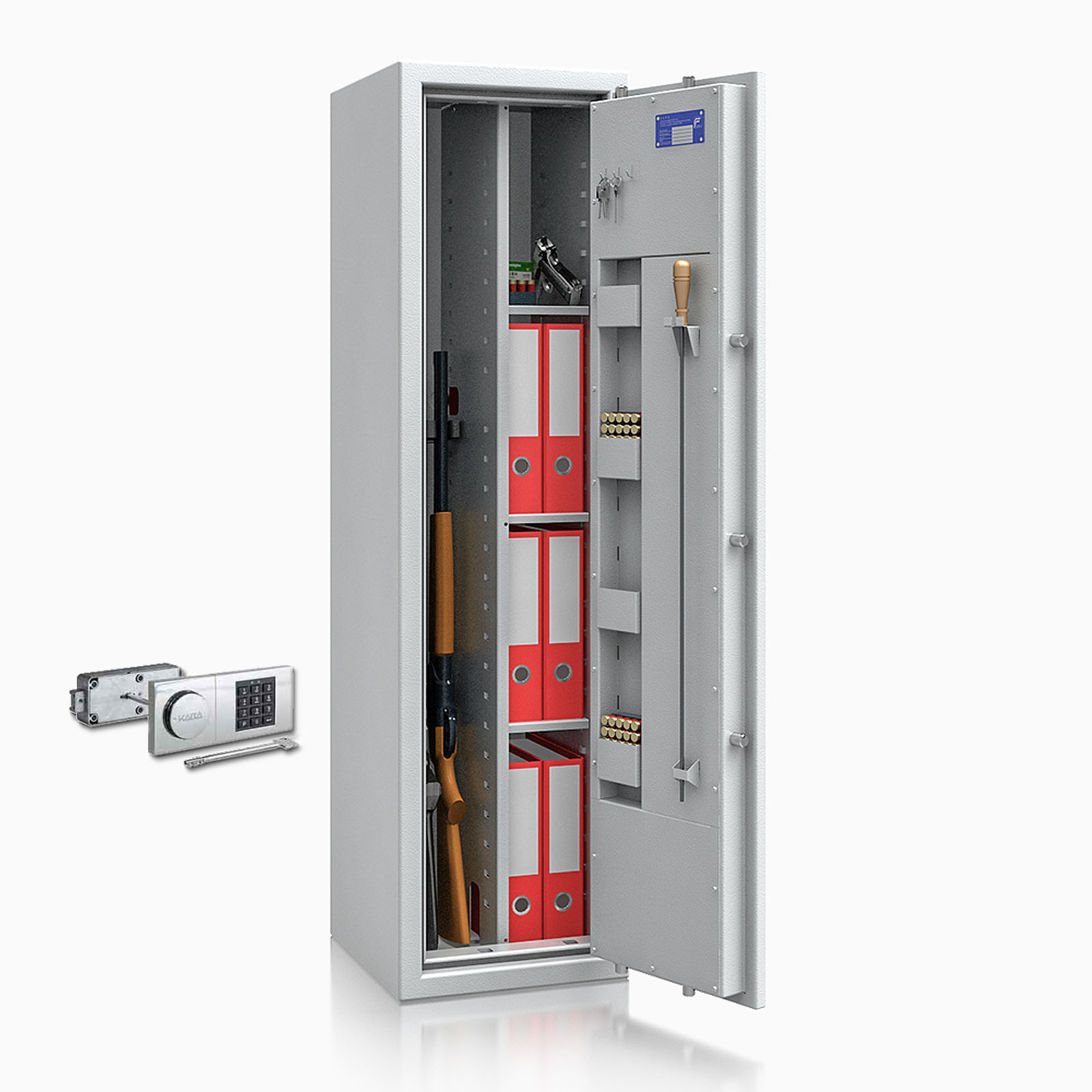 Waffenschrank St. Gallen WF MAX Kombi 0 - 1500x400x420 / 156kg 56475 / Klasse I / RAL7035 / B90 Elektr.+Notschloss / DIN R / Trennw.