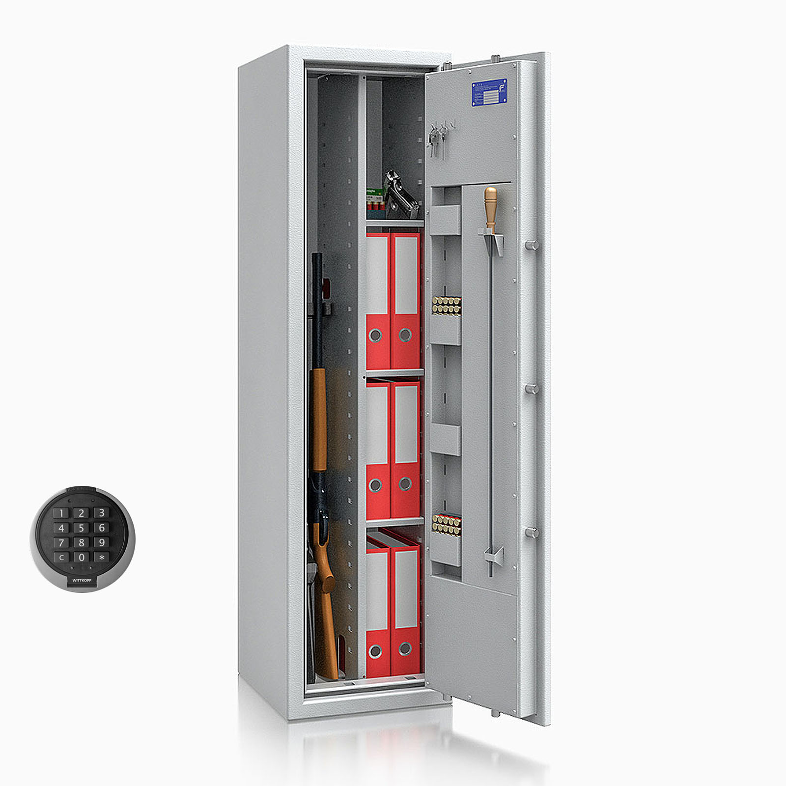 Waffenschrank St. Gallen WF MAX Kombi 0 - 1500x400x420 / 156kg 56475 / Klasse I / RAL7035 / PRIMOR 3000 Elektronik / DIN R / Trennw.