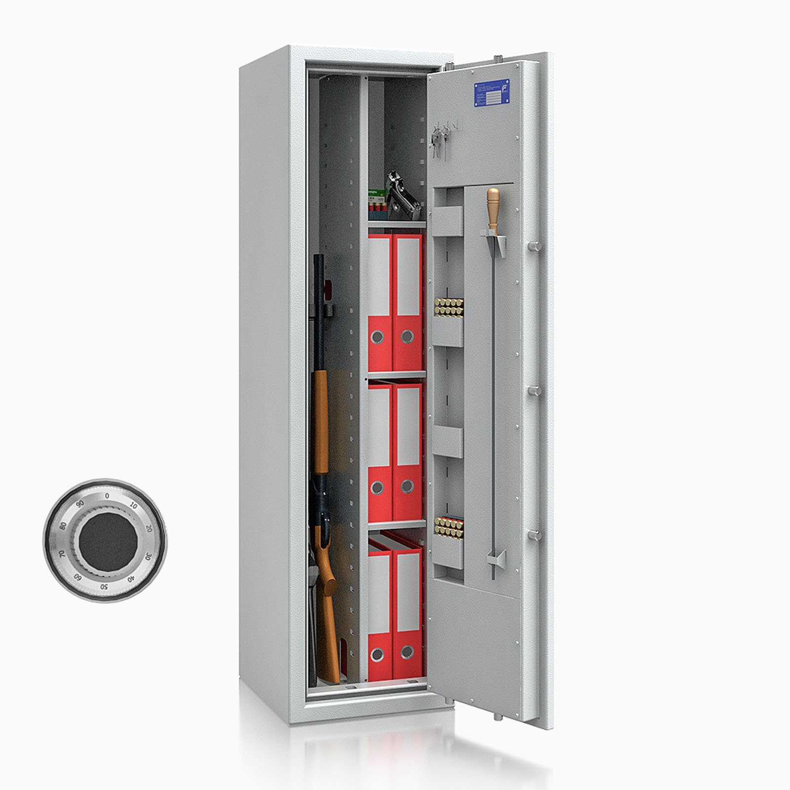 Waffenschrank St. Gallen WF MAX Kombi 0 - 1500x400x420 / 156kg 56475 / Klasse I / RAL7035 / mech.ZK / DIN R / mit Trennw.