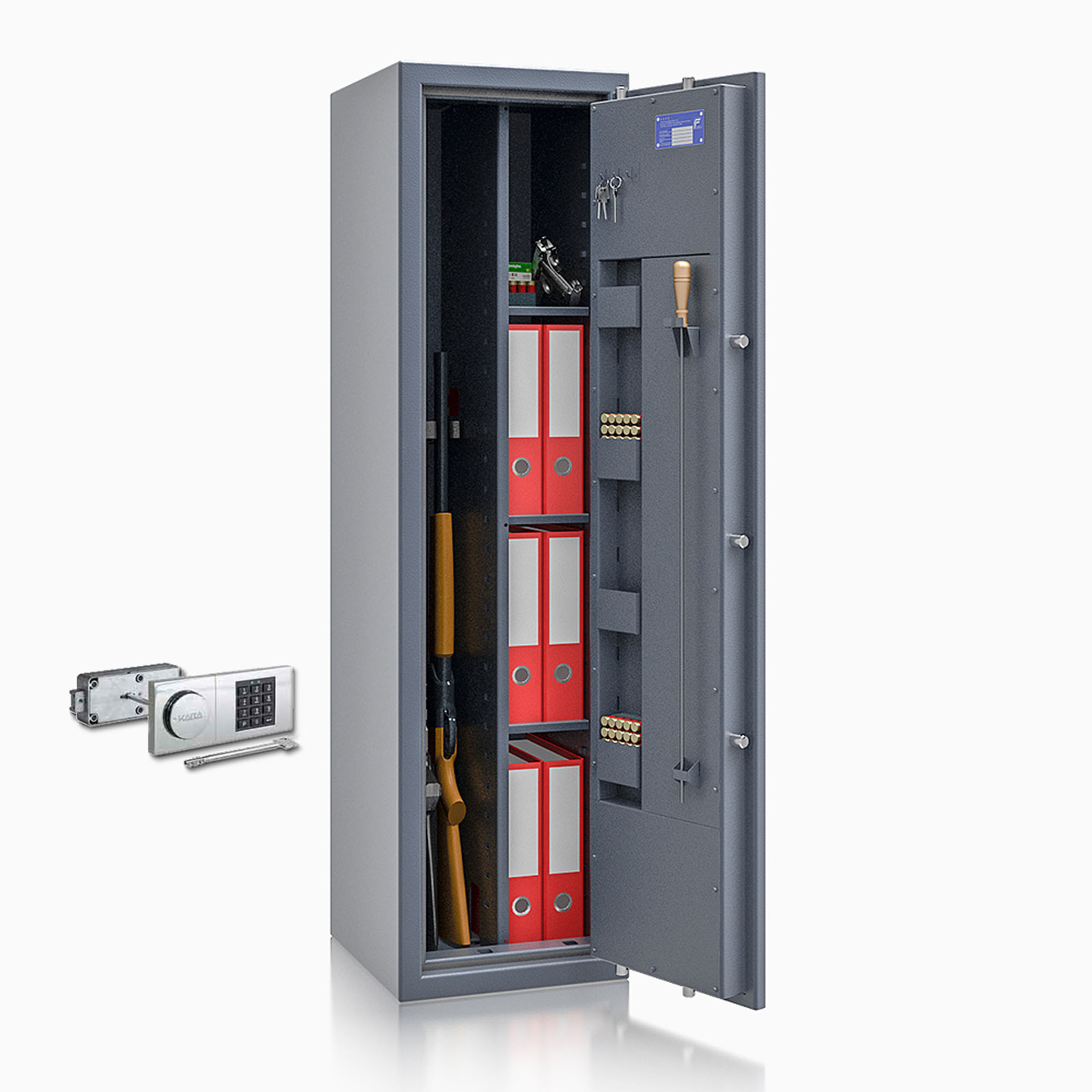 Waffenschrank St. Gallen WF MAX Kombi 0 - 1500x400x420 / 156kg 56475 / Klasse I / RAL7024 / B90 Elektr.+Notschloss / DIN R / Trennw.
