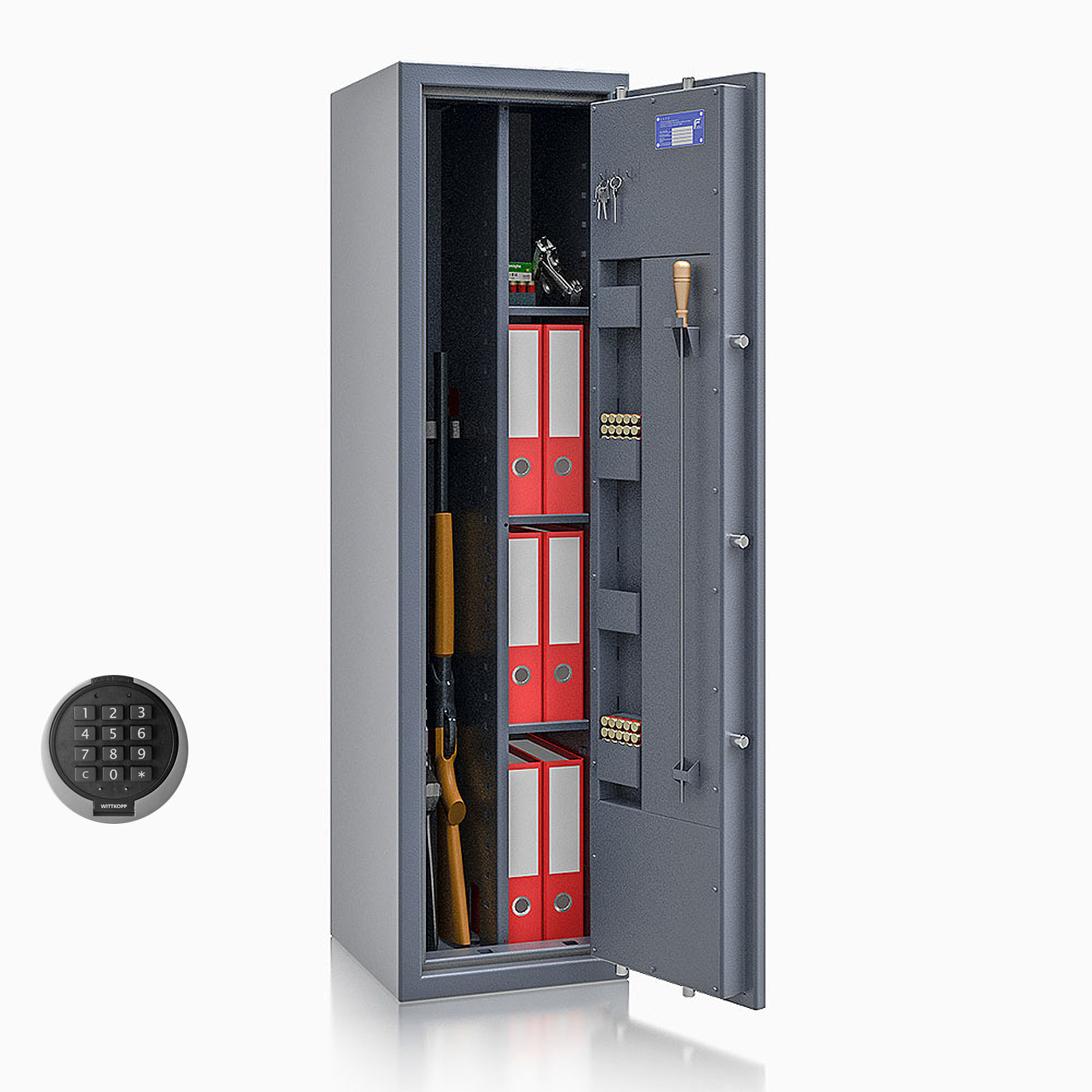Waffenschrank St. Gallen WF MAX Kombi 0 - 1500x400x420 / 156kg 56475 / Klasse I / RAL7024 / PRIMOR 3000 Elektronik / DIN R / Trennw.