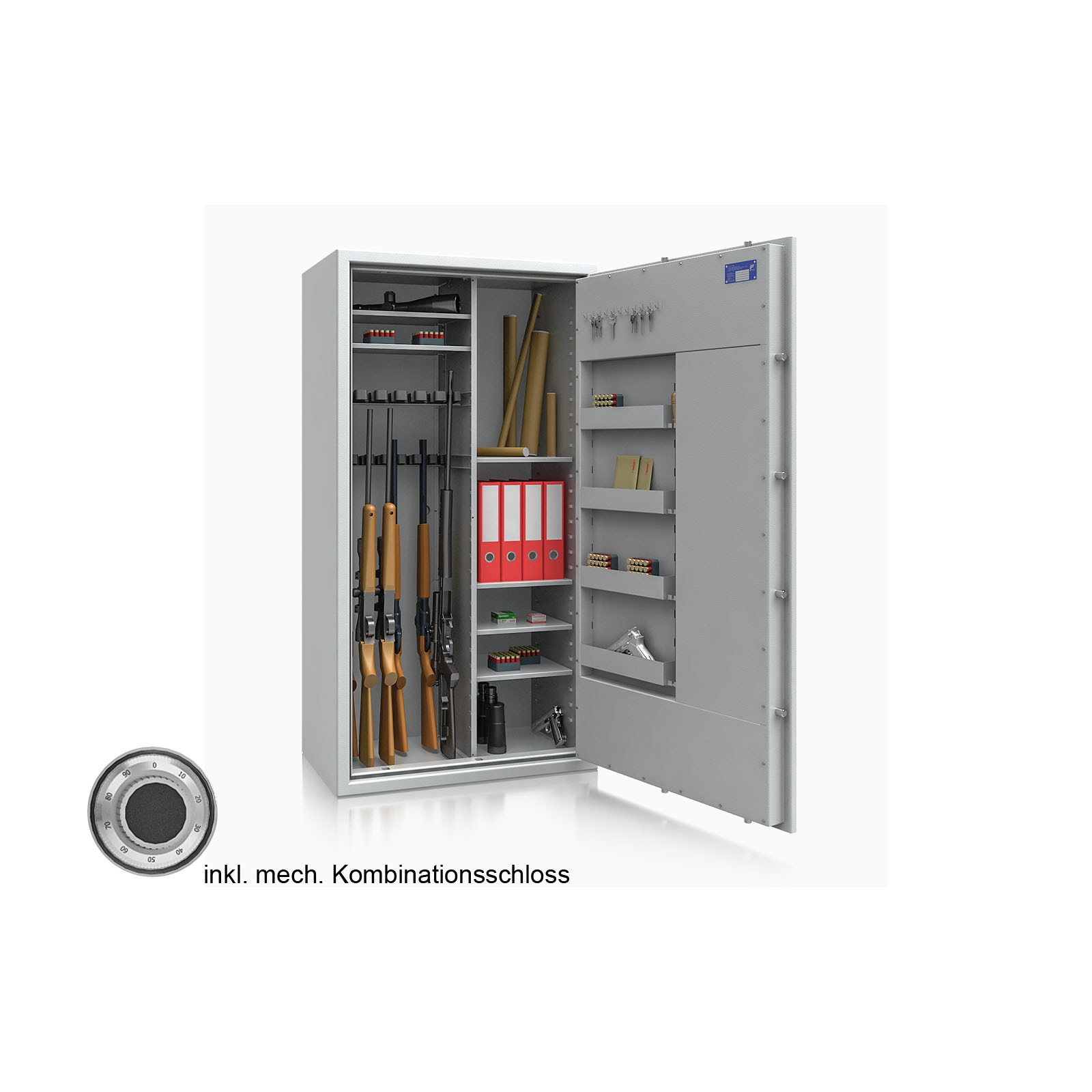 Waffenschrank St. Gallen WF MAX Kombi 4 - 1600x850x500 / 296kg 56476 / Klasse I / RAL7035 / mech.ZK / DIN R / mit Trennw.