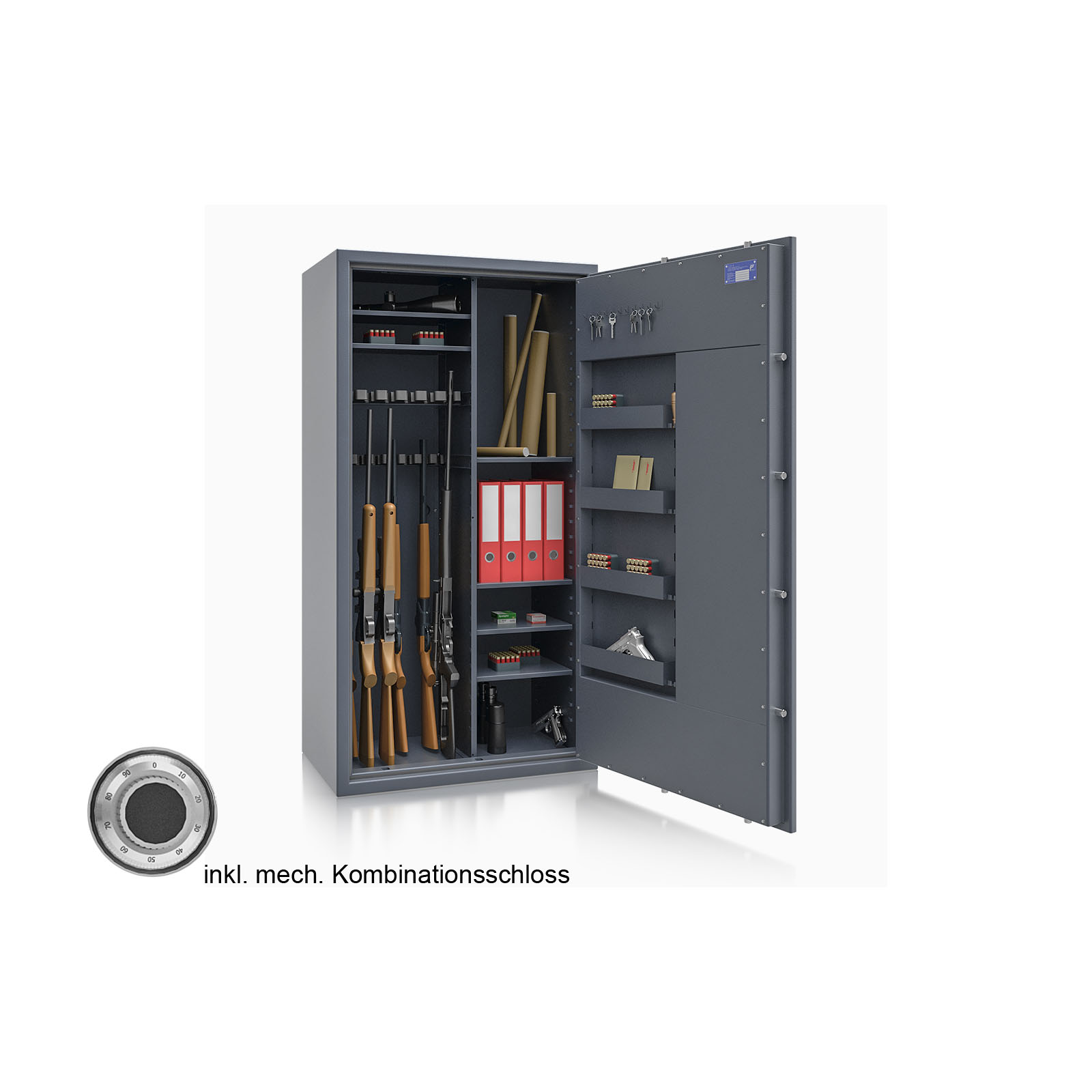 Waffenschrank St. Gallen WF MAX Kombi 4 - 1600x850x500 / 296kg 56476 / Klasse I / RAL7024 / mech.ZK / DIN R / mit Trennw.