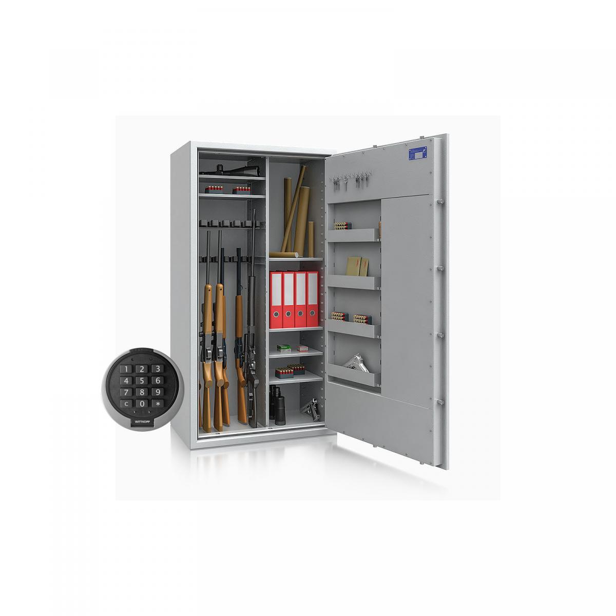 Waffenschrank St. Gallen WF MAX Kombi 4 - 1600x850x500 / 296kg 56476 / Klasse I / RAL7035 / PRIMOR 3000 Elektronik / DIN R / Trennw.
